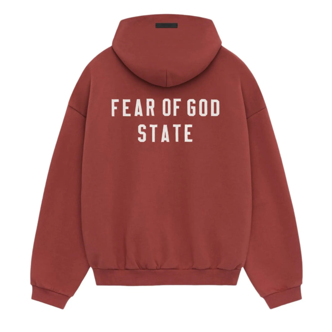 Fear of God Essentials State Logo Heavy Fleece Full Zip Hoodie ‘Crimson’